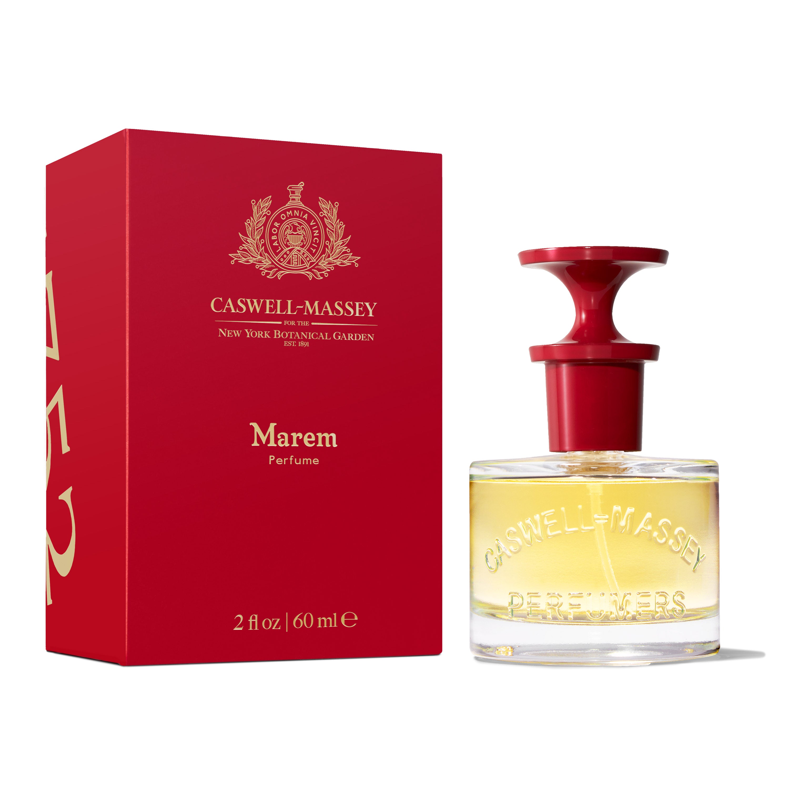 Caswell-Massey MAREM Perfume, 60 mL perfume bottle with red cap sitting next to outer packaging red box