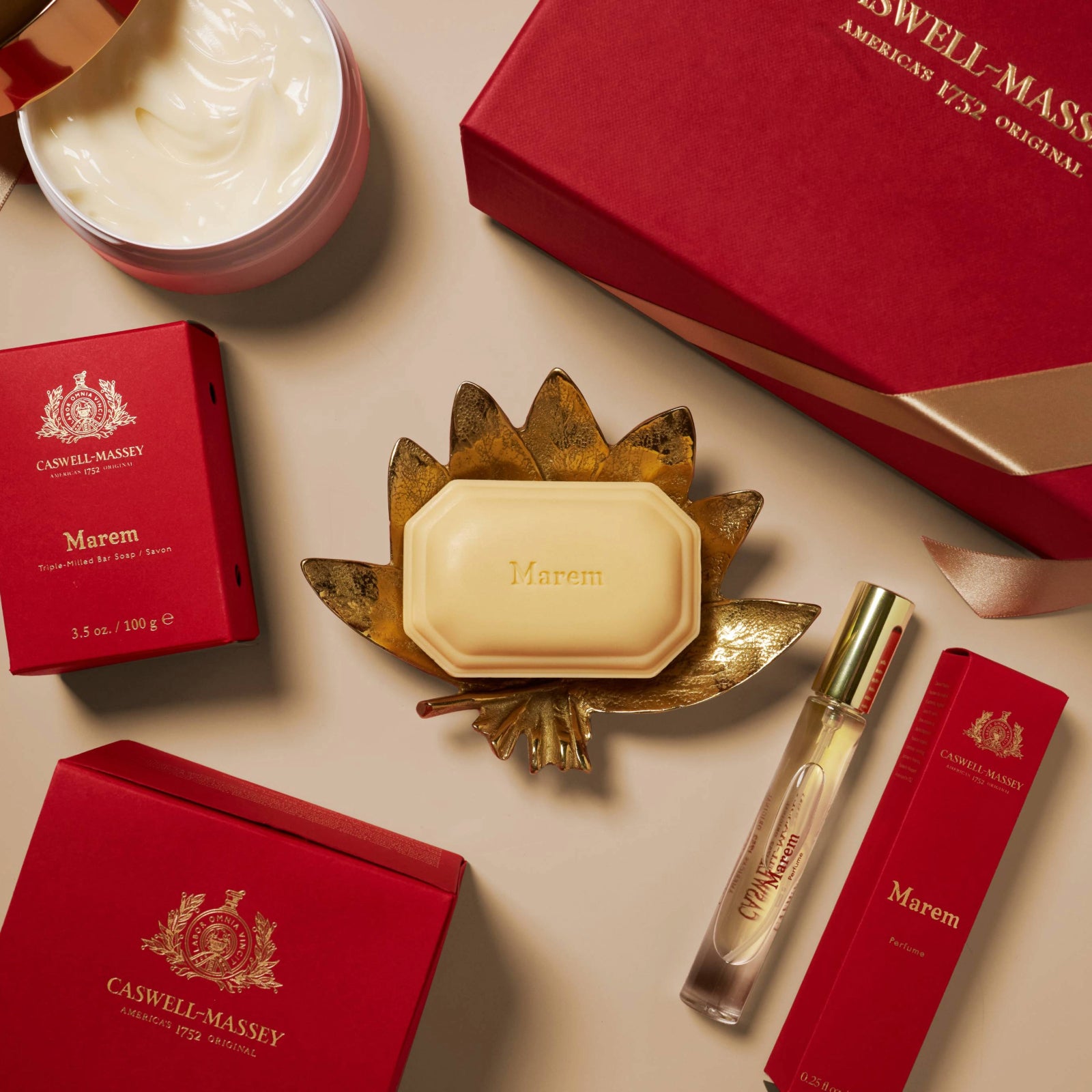 Caswell-Massey Marem Collection. Featuring Marem Perfume (7.5ml), Marem Bar Soap, and Marem Body Cream.