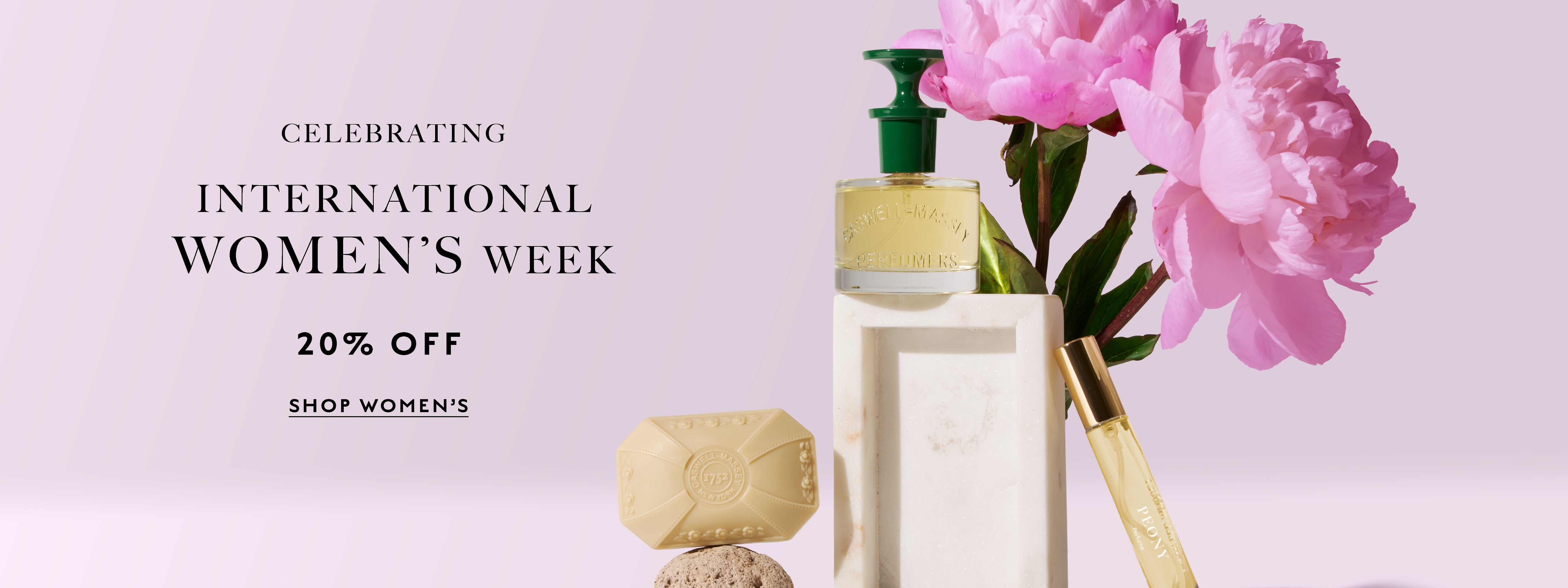 Caswell-Massey: Celebrate Women's History Month with 20% Off the Entire Women's Collection. Image shows Peony Perfume and Peony Bar Soap with fresh pink peonies.