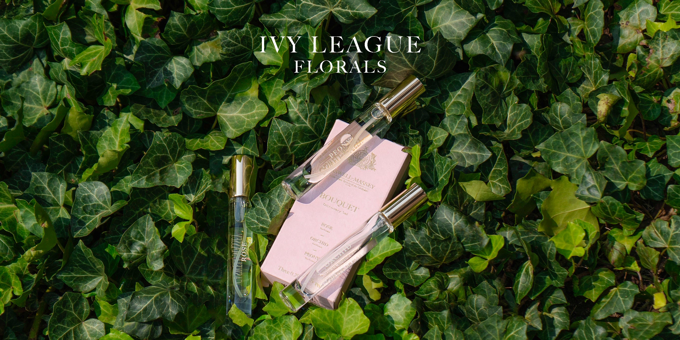 Caswell-Massey Ivy League Florals: Image shows the Bouquet Discovery Set on bed of ivy leaves