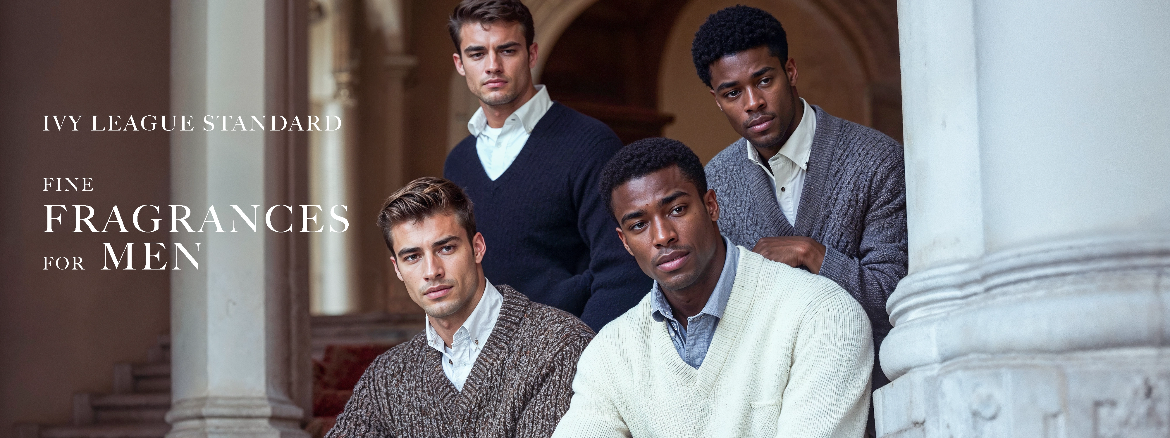 Caswell-Massey Fine Fragrances for Men: The Ivy League Standard. Image shows four college-aged men in preppy attire.