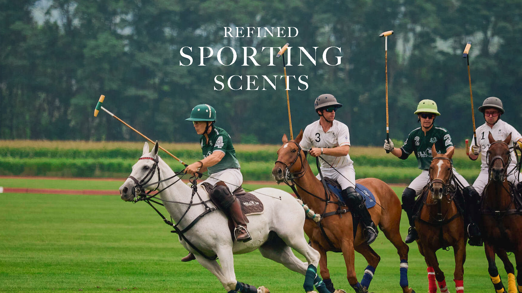 "Refined Sporting Scents" by Caswell-Massey. Image shows action shot of 4 men on horses playing polo.